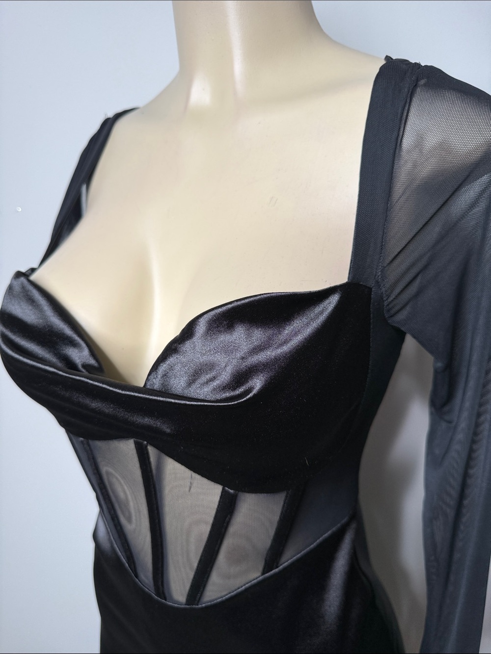 Princess Polly Black Satin & Mesh Long Sleeve Corset Mini Dress - Picture 3 of 9
